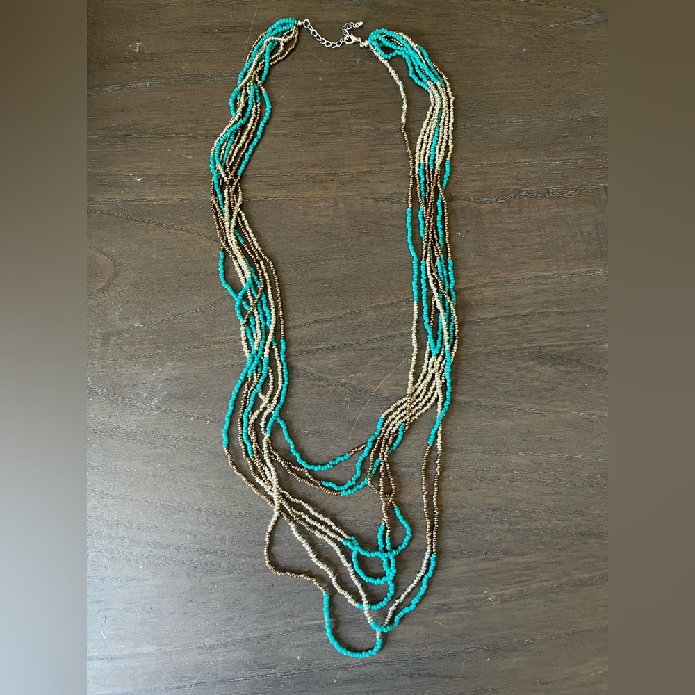 Turquoise, bronze, and silver beaded necklace